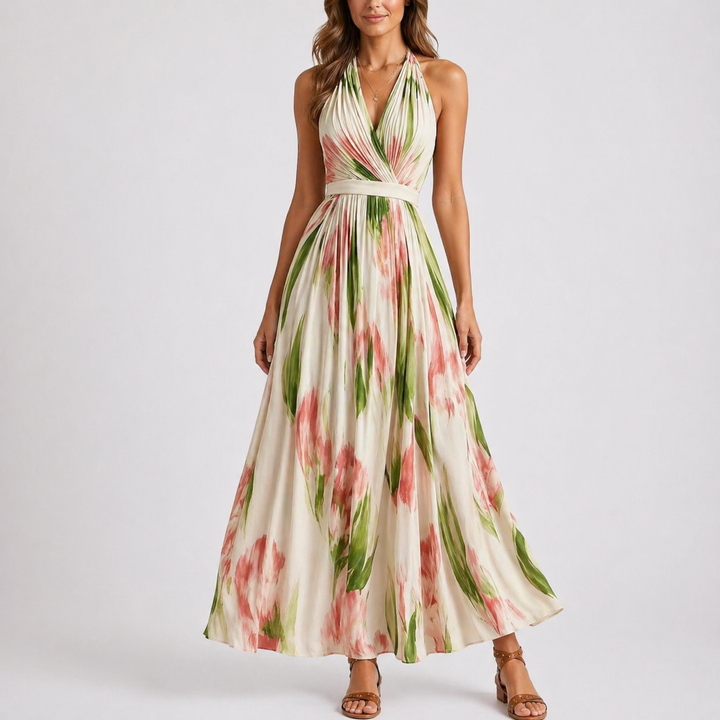 Women's Wedding Guest Halter Neck Floral Maxi Dress