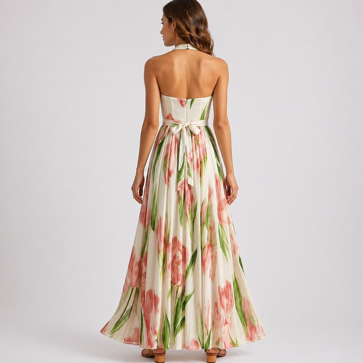Women's Wedding Guest Halter Neck Floral Maxi Dress