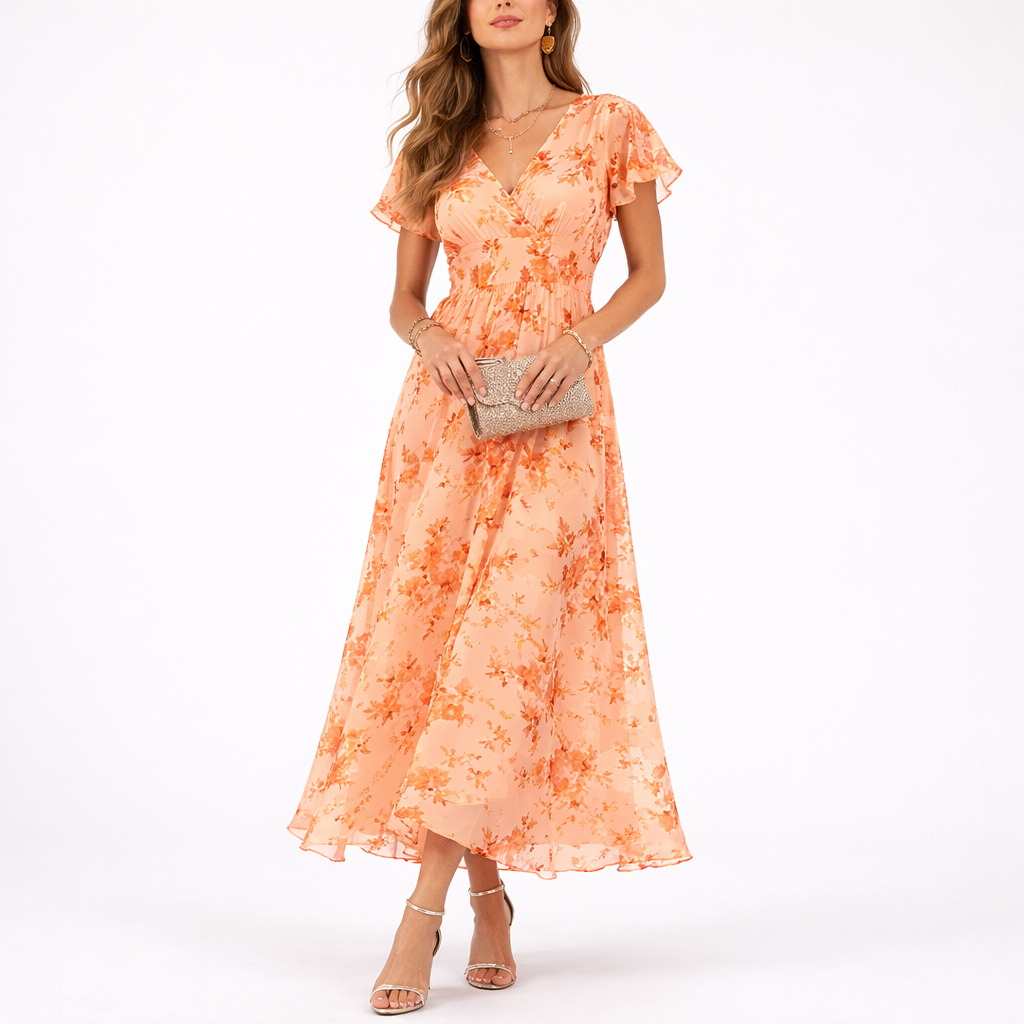 Women's Wedding Guest Floral Maxi Dress with A Line Skirt