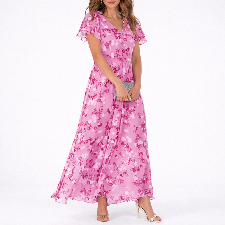 Women's Wedding Guest Floral Maxi Dress with A Line Skirt