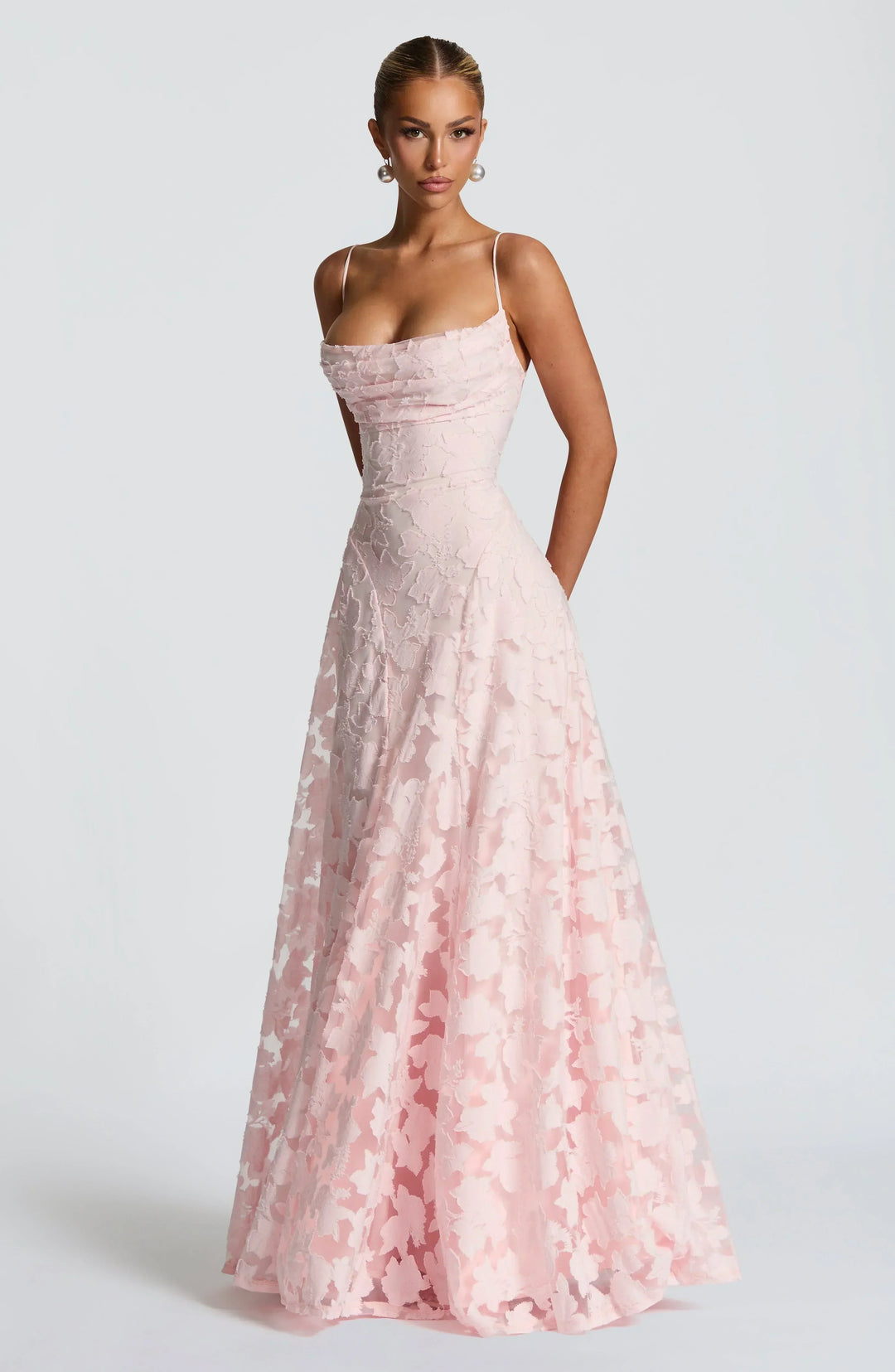 Women's Wedding Guest Maxi Dress with Cowl Neck and Floral Detail