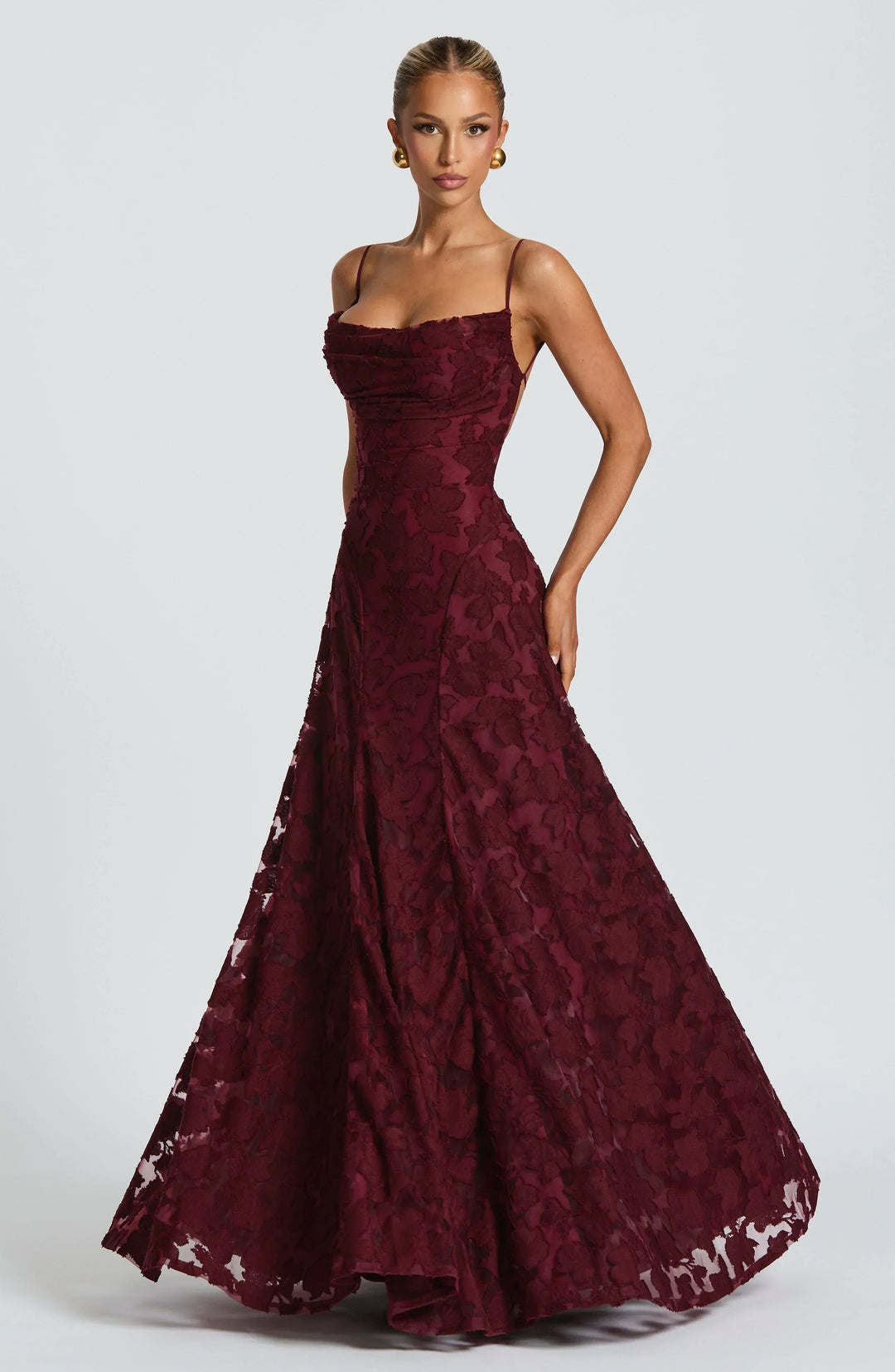 Women's Wedding Guest Maxi Dress with Cowl Neck and Floral Detail