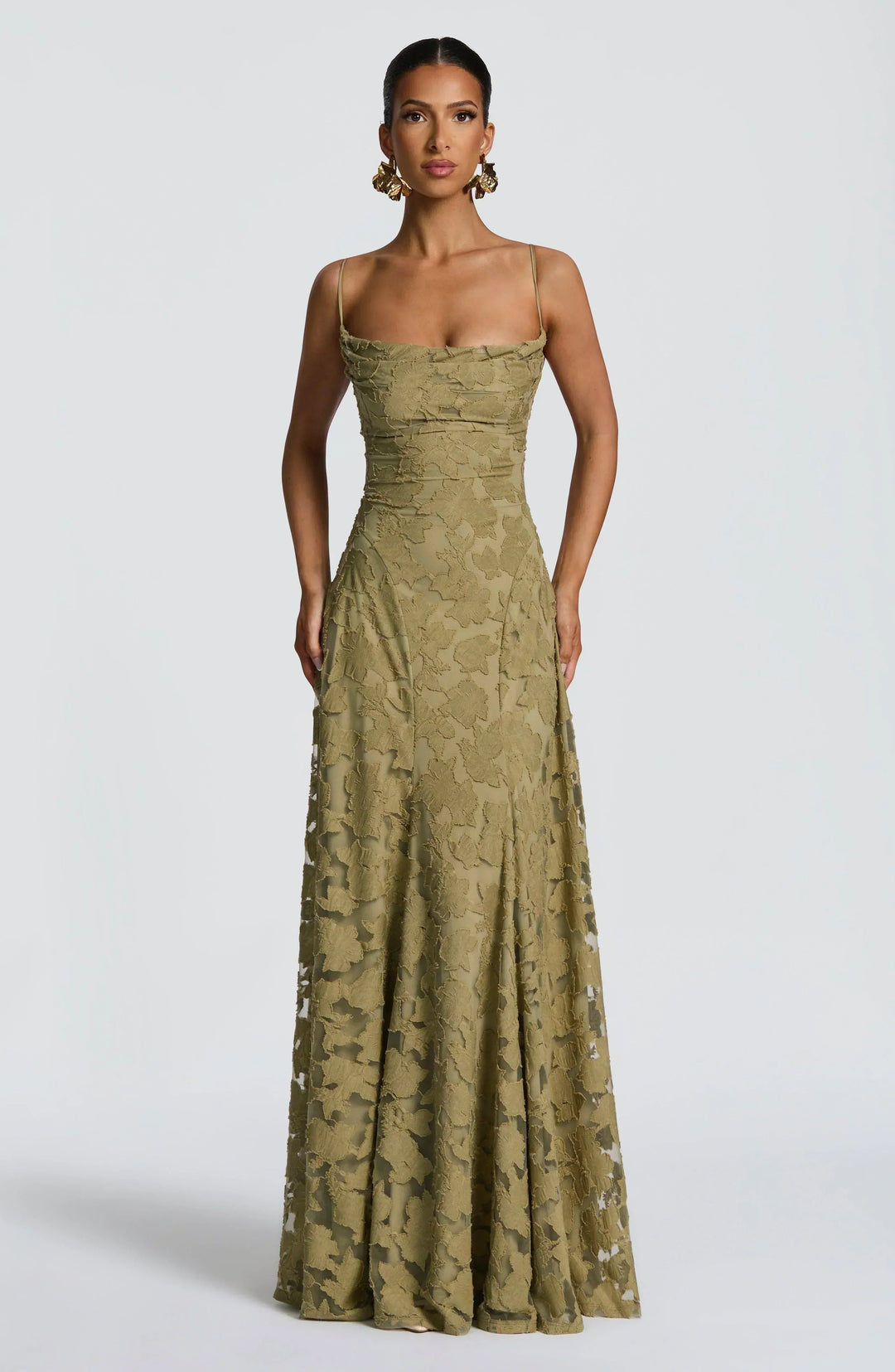 Women's Wedding Guest Maxi Dress with Cowl Neck and Floral Detail