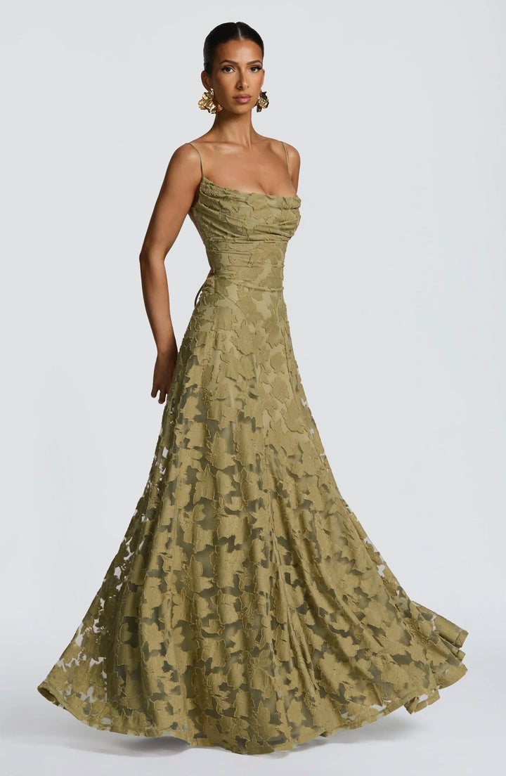 Women's Wedding Guest Maxi Dress with Cowl Neck and Floral Detail