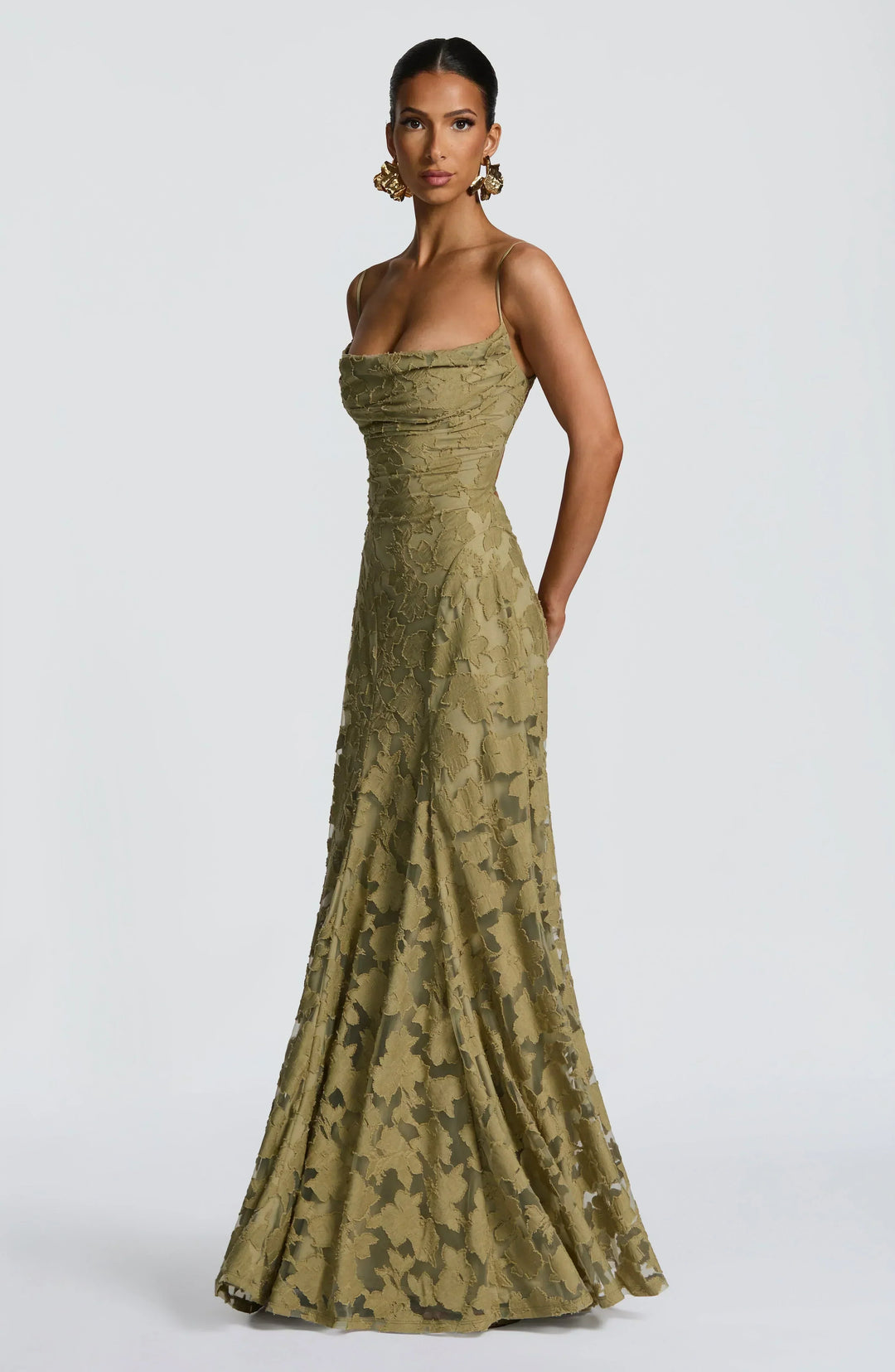 Women's Wedding Guest Maxi Dress with Cowl Neck and Floral Detail