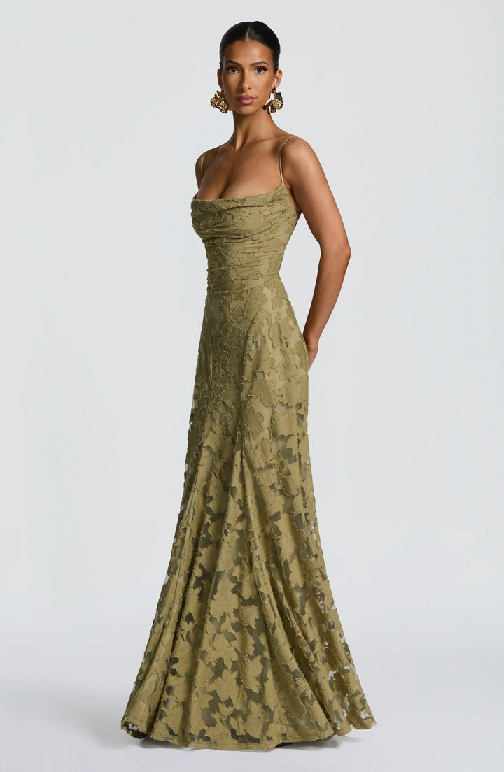 Women's Wedding Guest Maxi Dress with Cowl Neck and Floral Detail