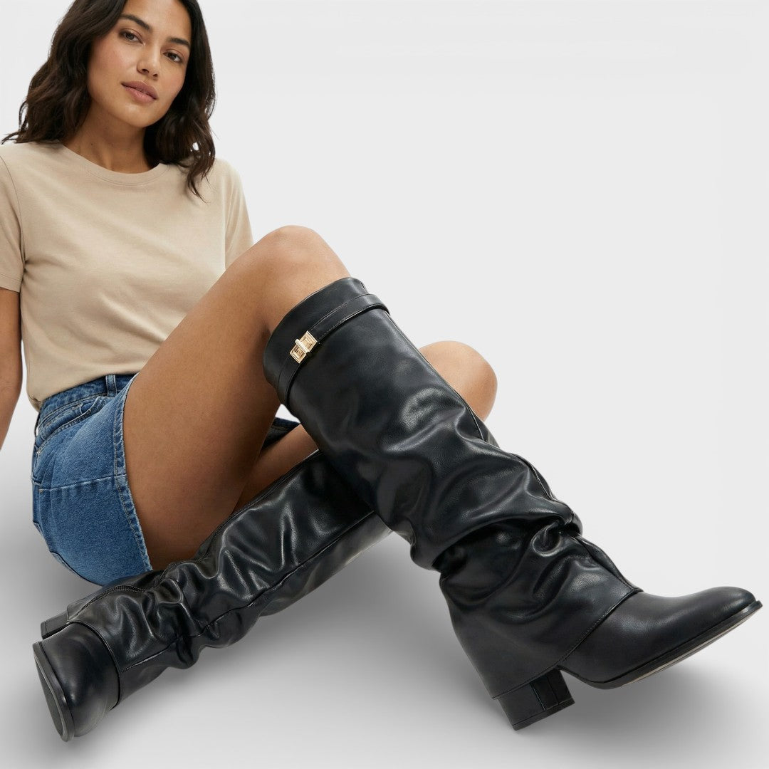 Women's Knee High Boots with Ruched Design and Block Heel
