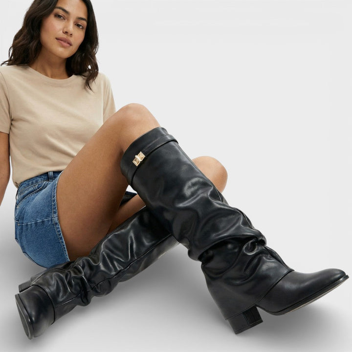 Women's Knee High Boots with Ruched Design and Block Heel