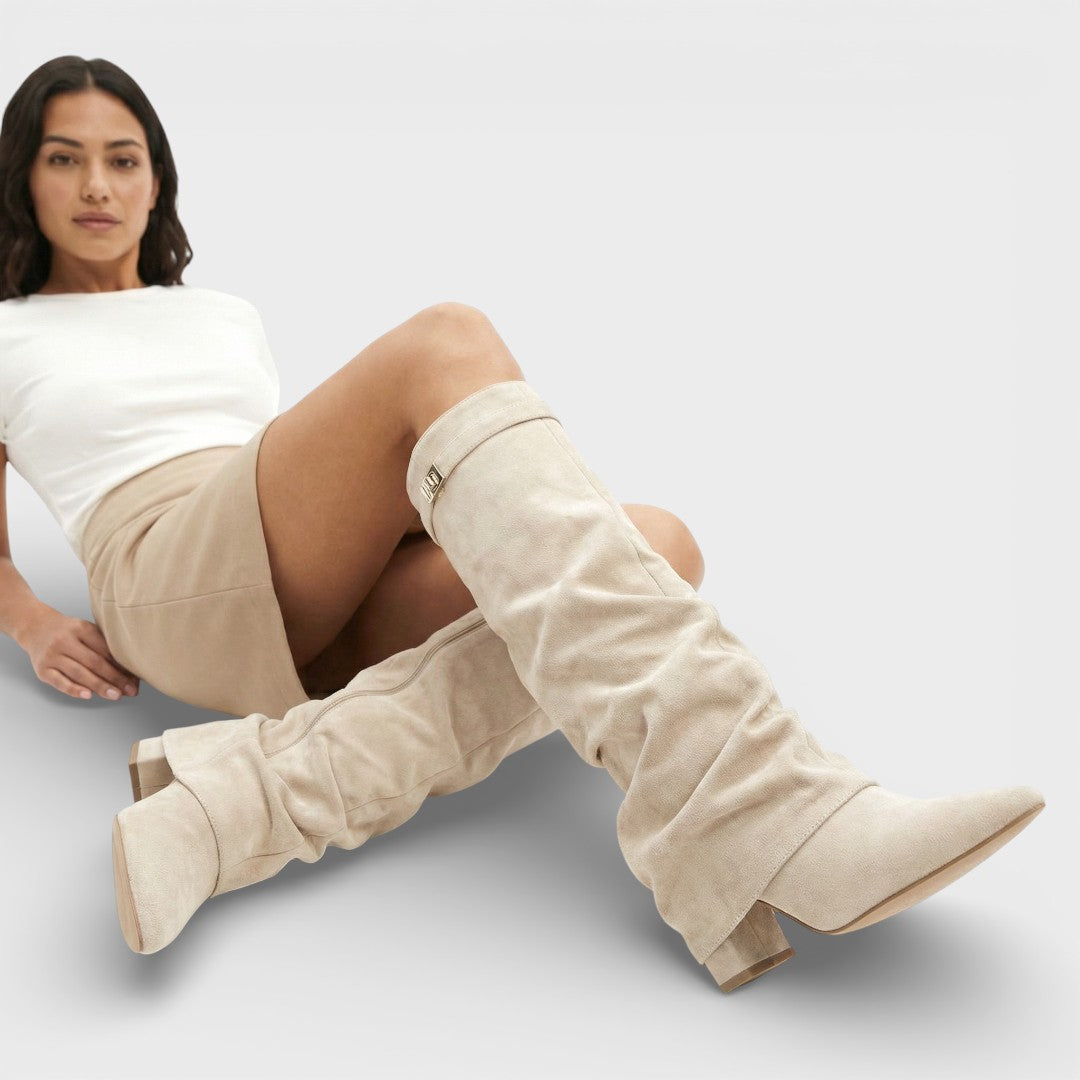 Women's Knee High Boots with Ruched Design and Block Heel