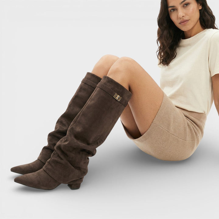 Women's Knee High Boots with Ruched Design and Block Heel