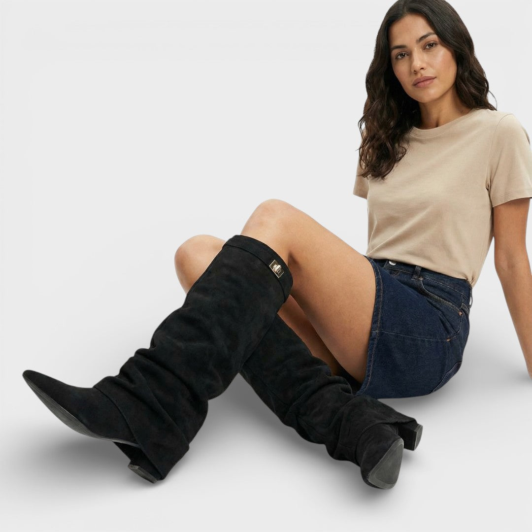 Women's Knee High Boots with Ruched Design and Block Heel