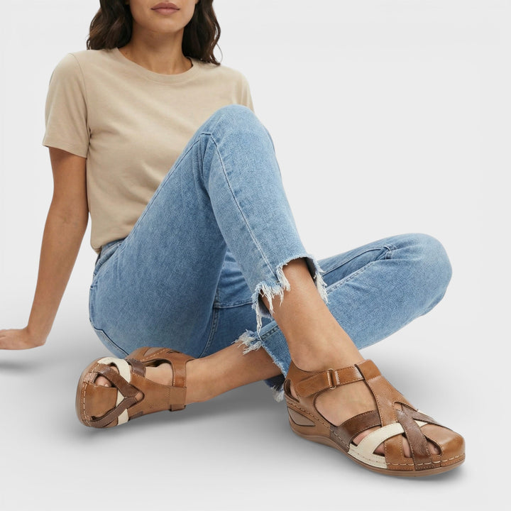 Women's Flat Sandals with Woven Straps and Closed Toe Design