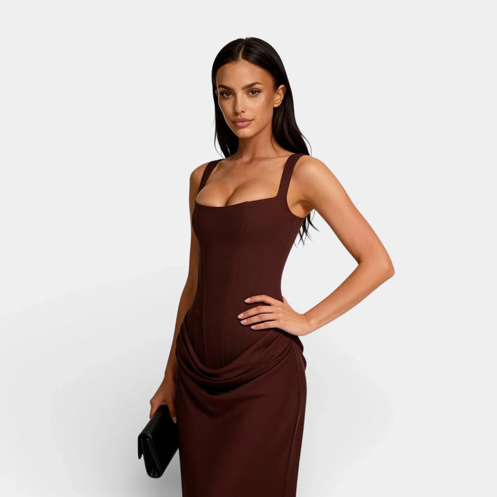 Women's Evening Maxi Dress with Strapless Neckline and Ruched Detail