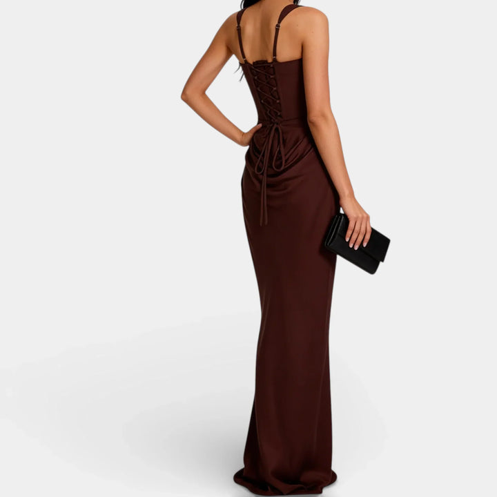 Women's Evening Maxi Dress with Strapless Neckline and Ruched Detail