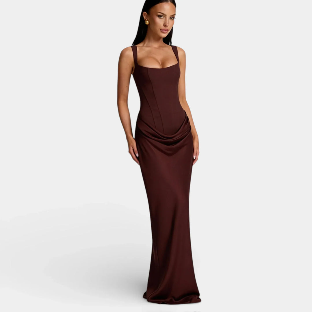 Women's Evening Maxi Dress with Strapless Neckline and Ruched Detail