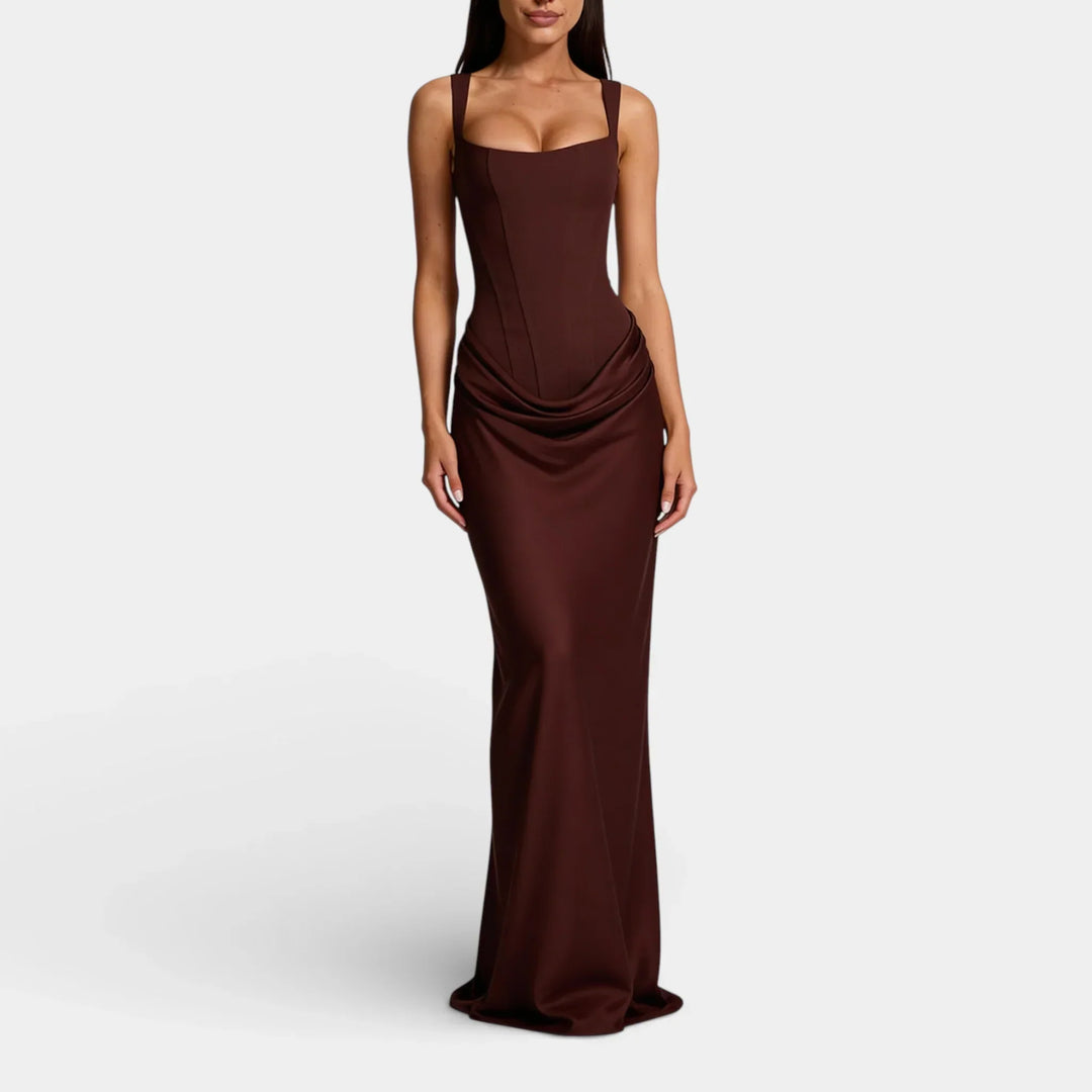 Women's Evening Maxi Dress with Strapless Neckline and Ruched Detail