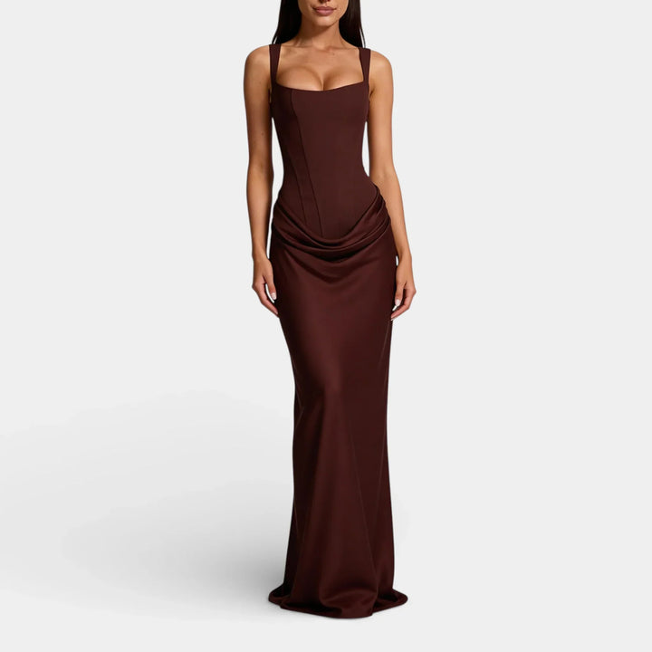 Women's Evening Maxi Dress with Strapless Neckline and Ruched Detail