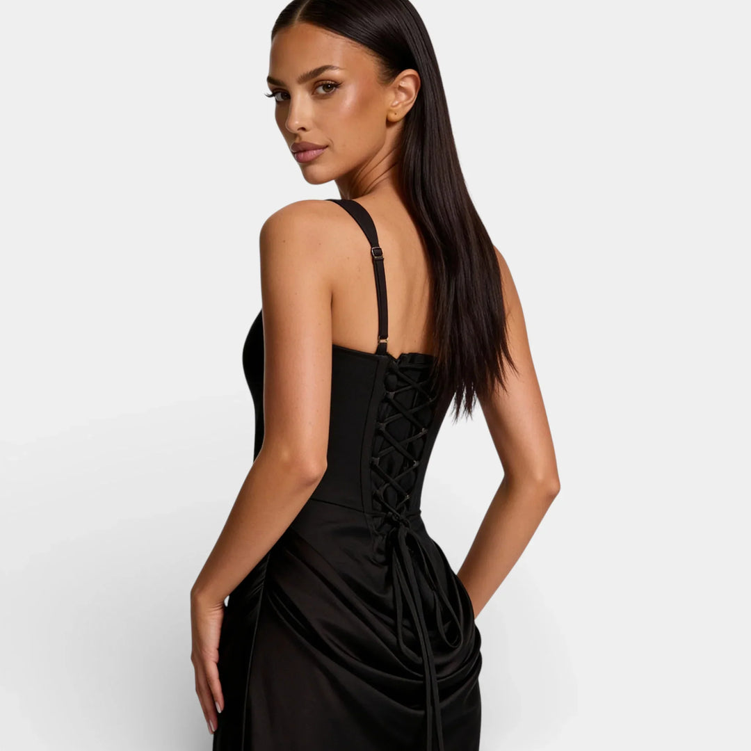 Women's Evening Maxi Dress with Strapless Neckline and Ruched Detail