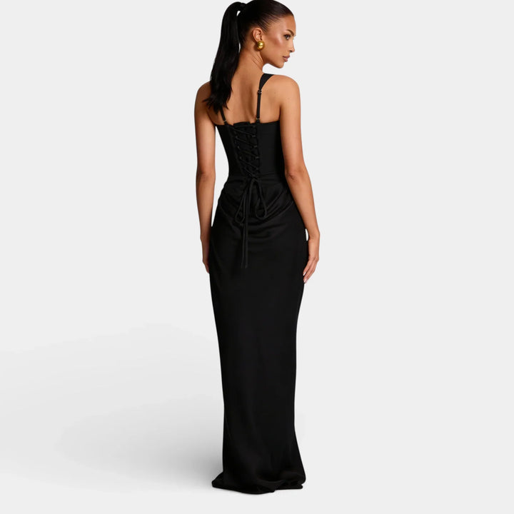 Women's Evening Maxi Dress with Strapless Neckline and Ruched Detail