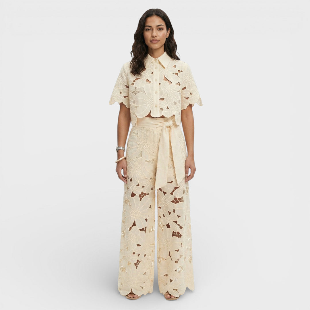 Women's Floral Co-Ord Set with Cropped Shirt and Wide Leg Trousers
