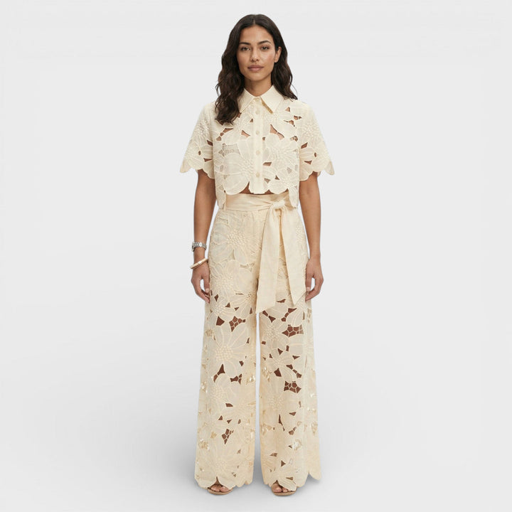 Women's Floral Co-Ord Set with Cropped Shirt and Wide Leg Trousers