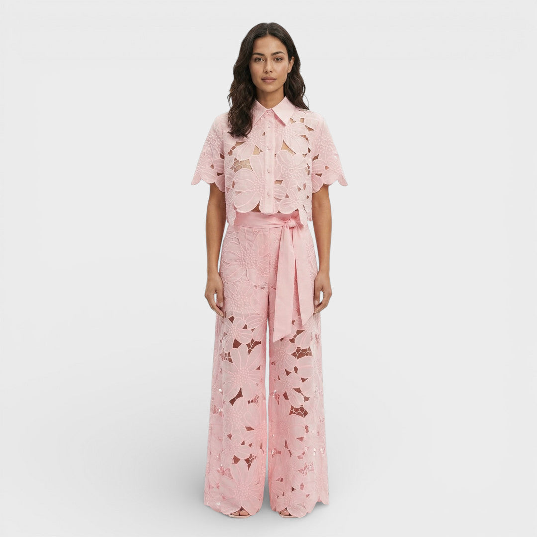 Women's Floral Co-Ord Set with Cropped Shirt and Wide Leg Trousers