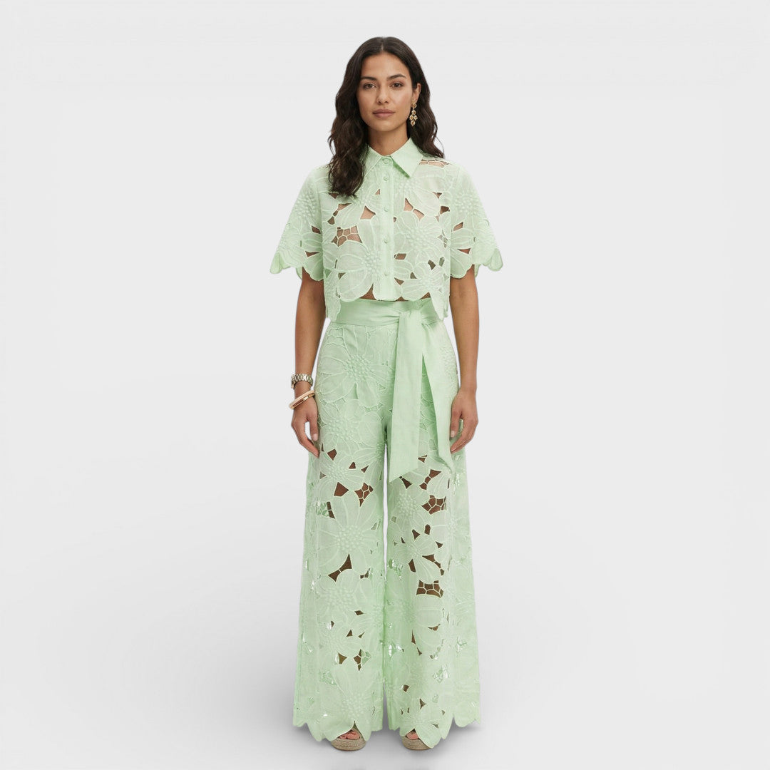 Women's Floral Co-Ord Set with Cropped Shirt and Wide Leg Trousers