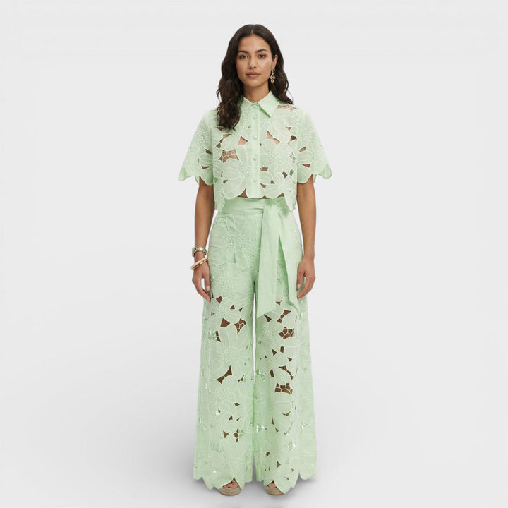 Women's Floral Co-Ord Set with Cropped Shirt and Wide Leg Trousers