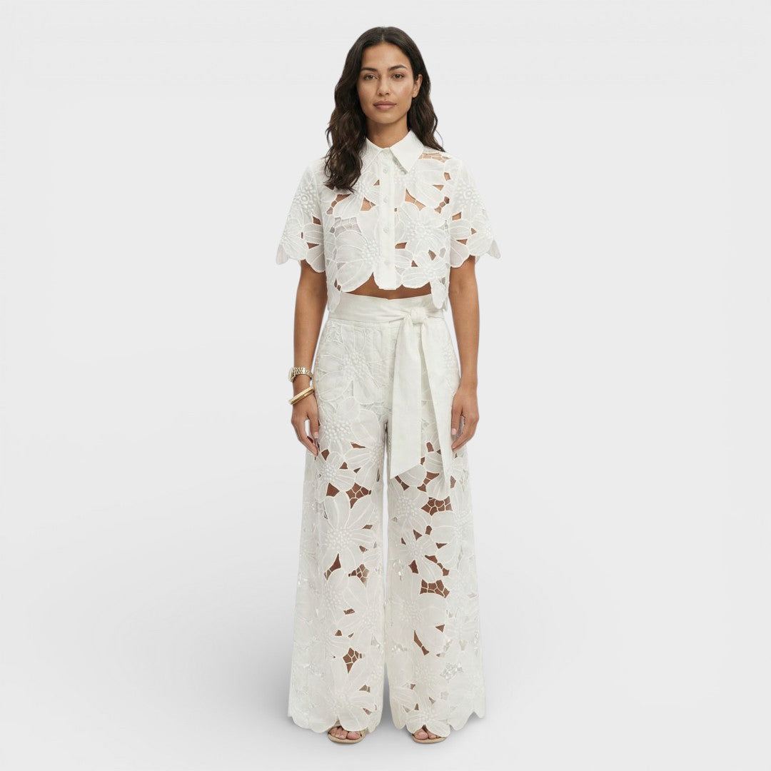 Women's Floral Co-Ord Set with Cropped Shirt and Wide Leg Trousers