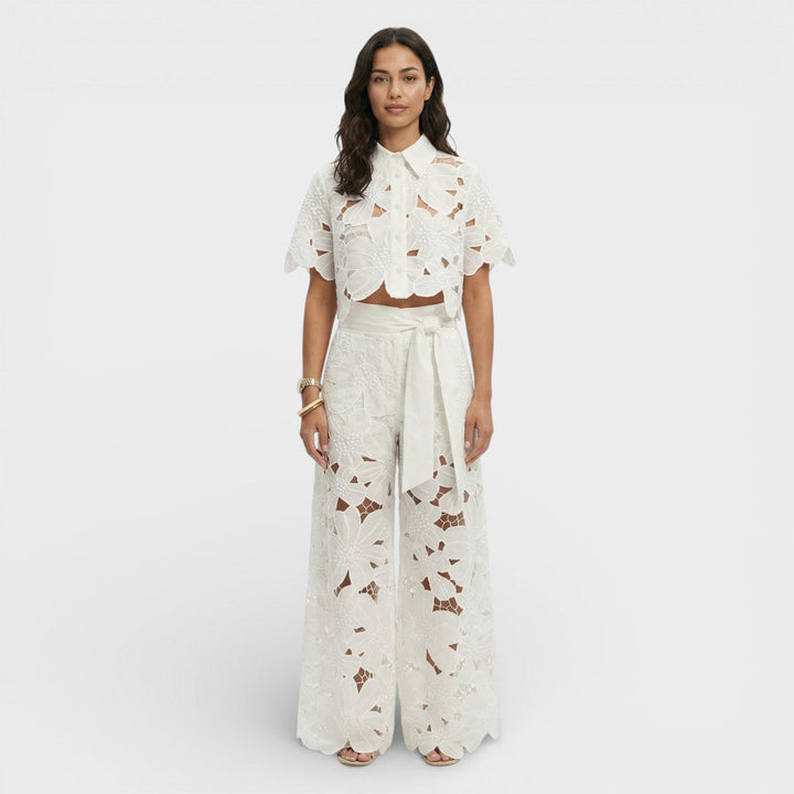 Women's Floral Co-Ord Set with Cropped Shirt and Wide Leg Trousers