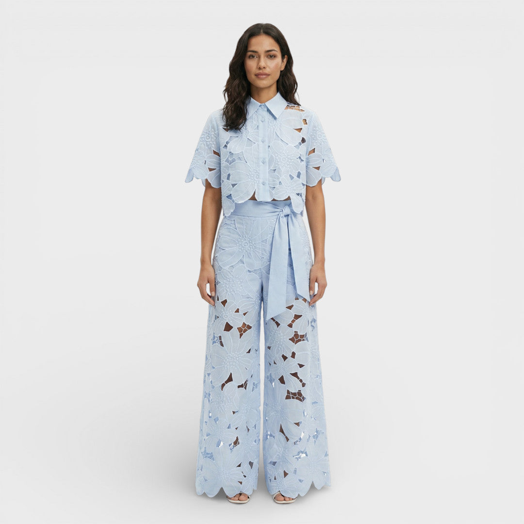 Women's Floral Co-Ord Set with Cropped Shirt and Wide Leg Trousers