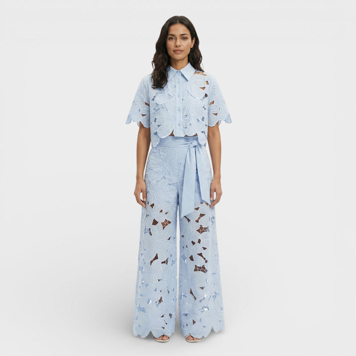Women's Floral Co-Ord Set with Cropped Shirt and Wide Leg Trousers