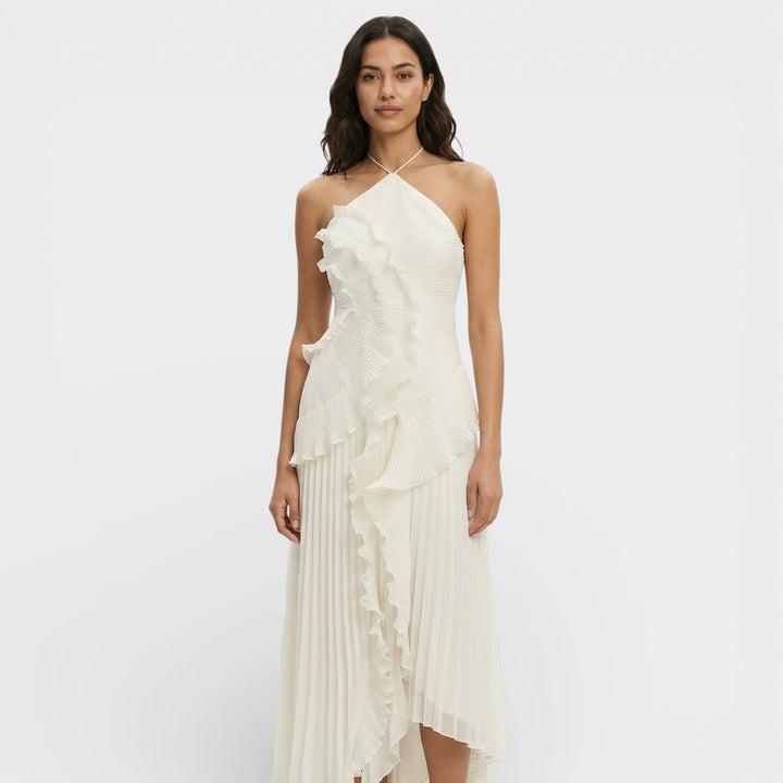 Women's Wedding Guest Maxi Dress with Ruffle Detail and Asymmetrical Hem
