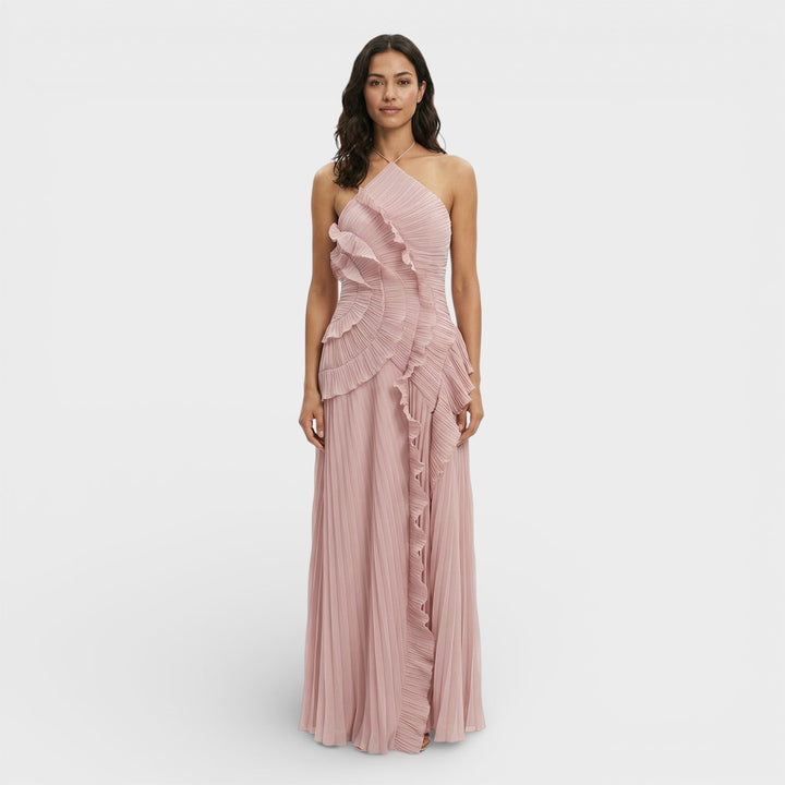 Women's Wedding Guest Maxi Dress with Ruffle Detail and Asymmetrical Hem