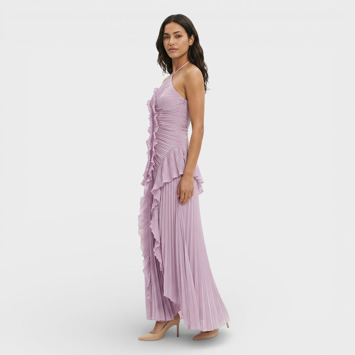 Women's Wedding Guest Maxi Dress with Ruffle Detail and Asymmetrical Hem