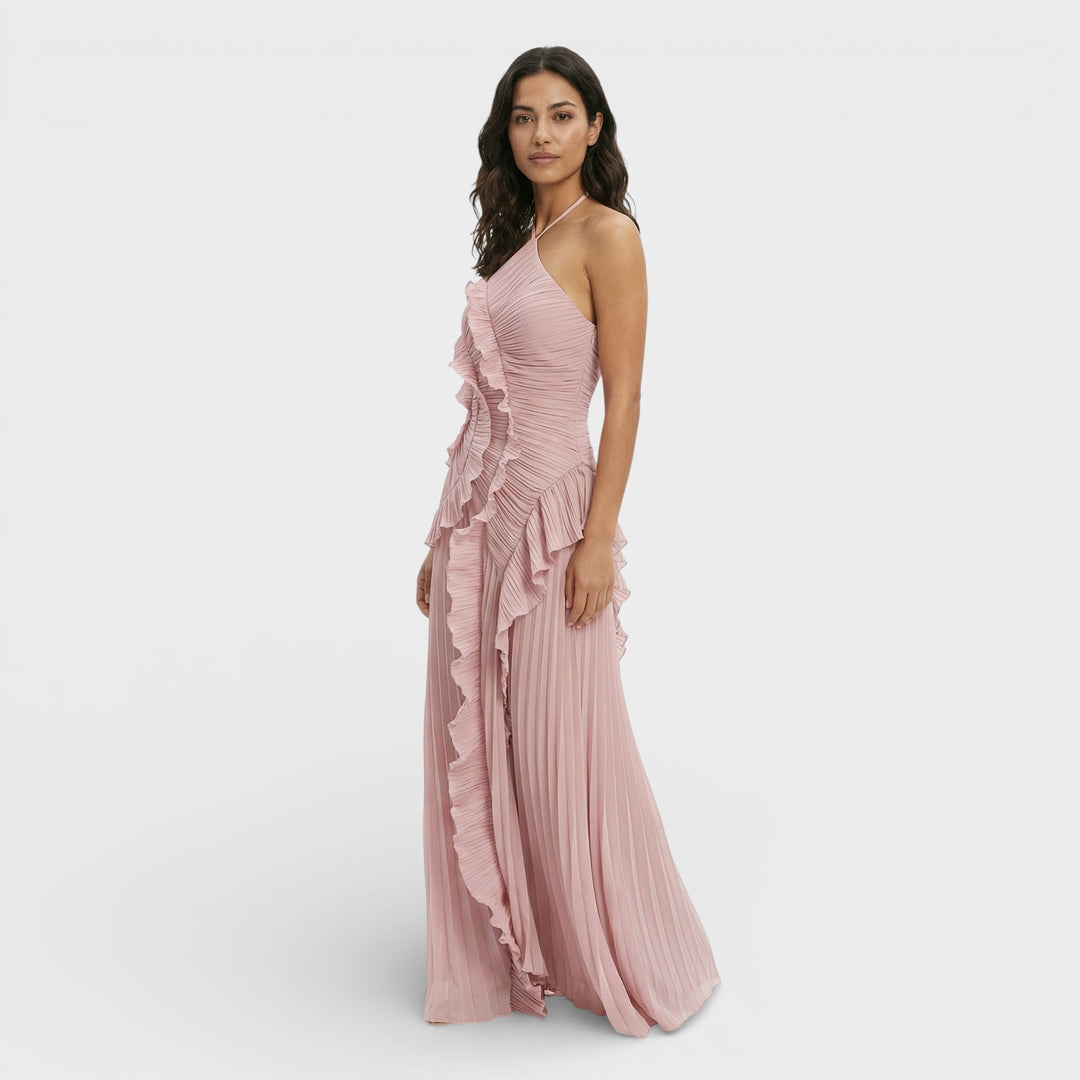 Women's Wedding Guest Maxi Dress with Ruffle Detail and Asymmetrical Hem