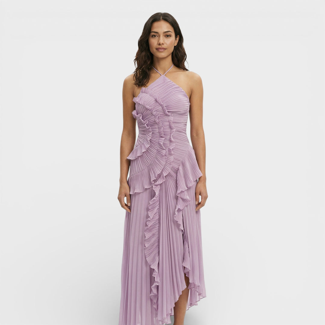 Women's Wedding Guest Maxi Dress with Ruffle Detail and Asymmetrical Hem