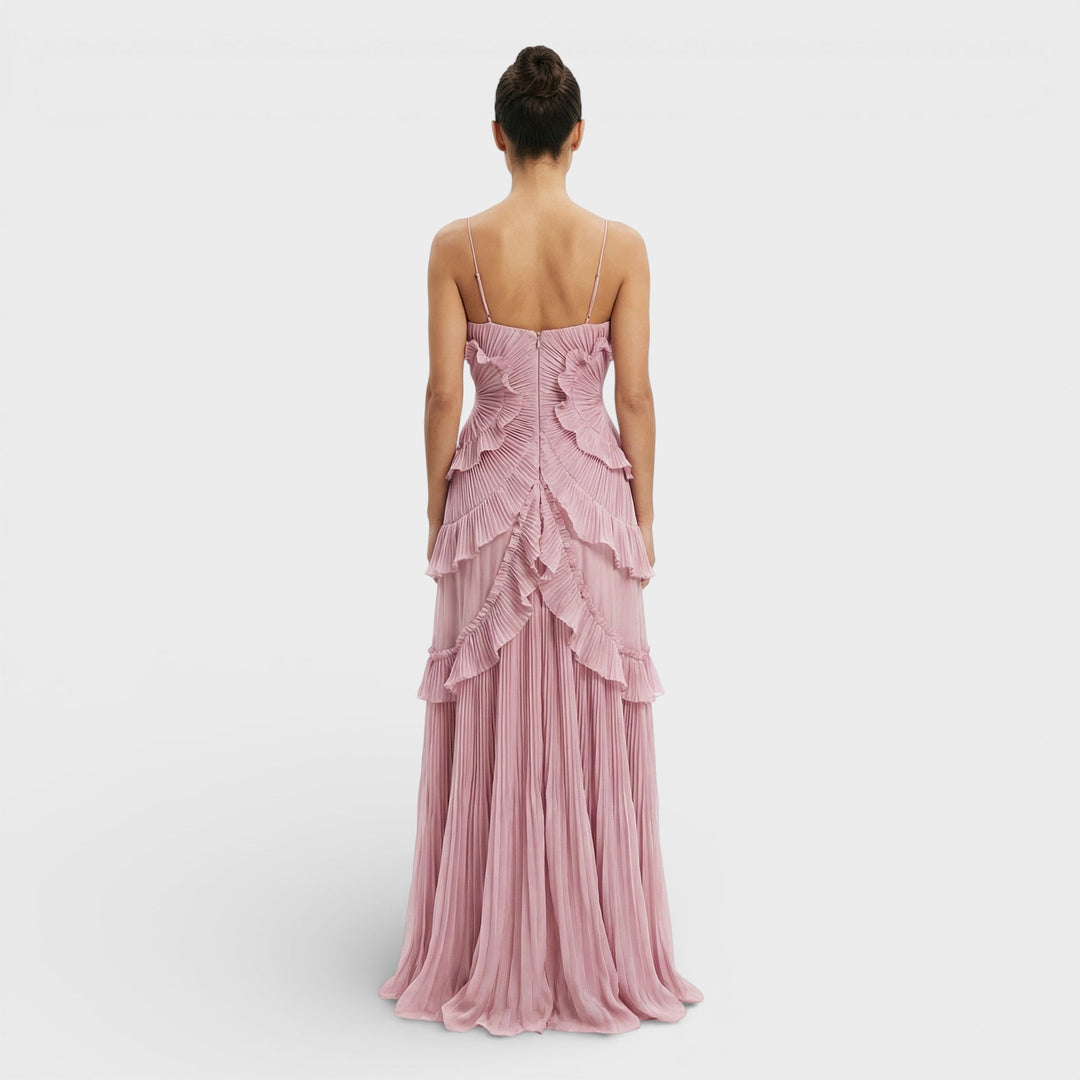 Women's Wedding Guest Maxi Dress with Ruffle Detail and Asymmetrical Hem