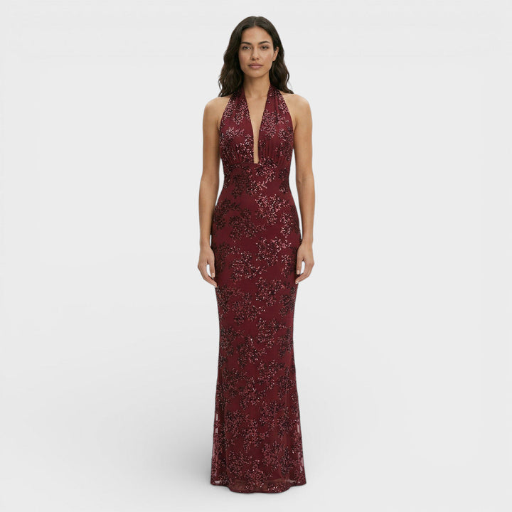Women's Evening Maxi Dress with Halter Neck and Sequin Detail