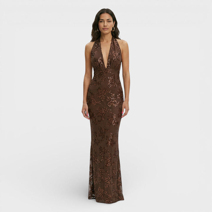 Women's Evening Maxi Dress with Halter Neck and Sequin Detail
