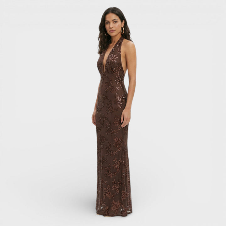 Women's Evening Maxi Dress with Halter Neck and Sequin Detail