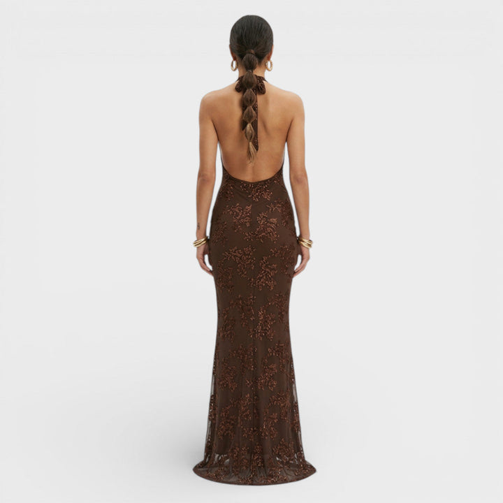 Women's Evening Maxi Dress with Halter Neck and Sequin Detail