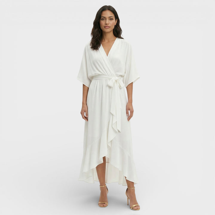 Women's Wrap Midi Dress with V Neck and Tie Waist