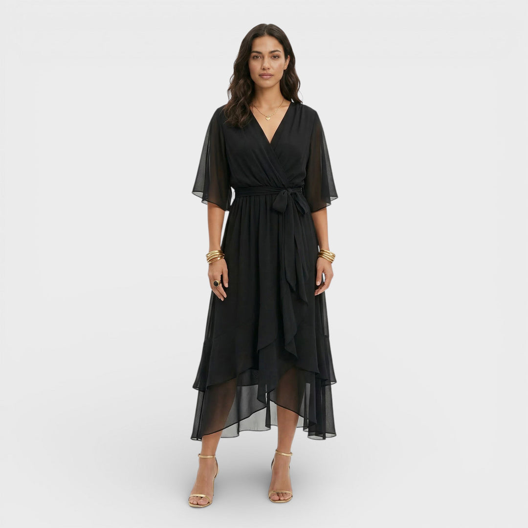 Women's Wrap Midi Dress with V Neck and Tie Waist