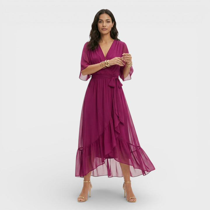Women's Wrap Midi Dress with V Neck and Tie Waist