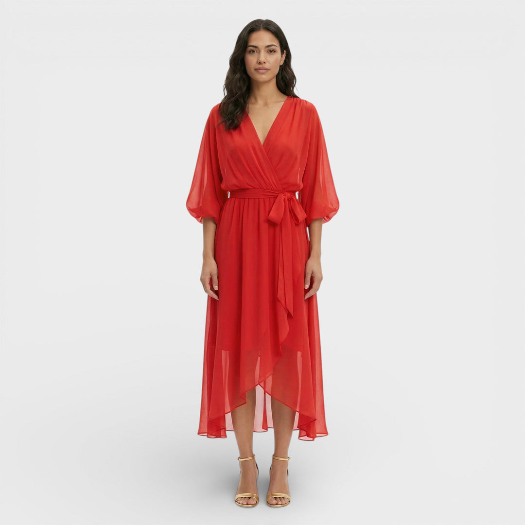 Women's Wrap Midi Dress with V Neck and Tie Waist