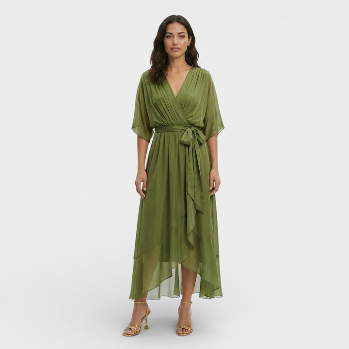 Women's Wrap Midi Dress with V Neck and Tie Waist