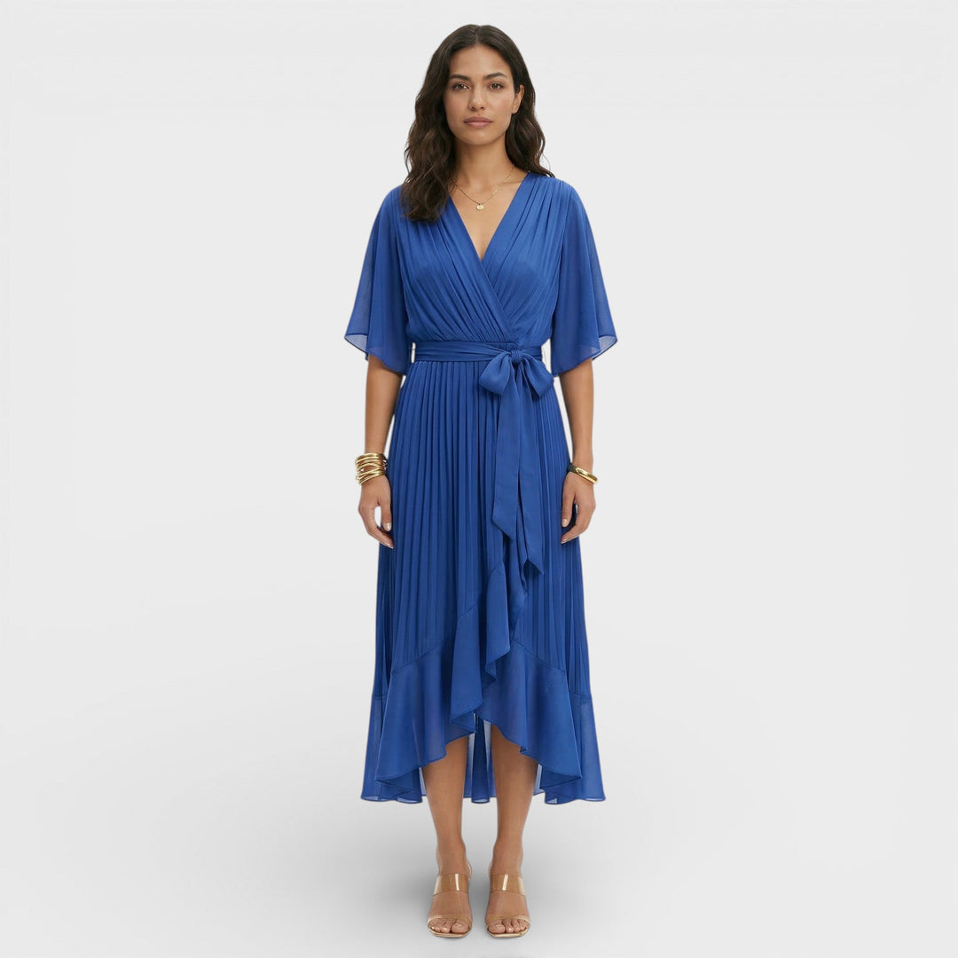 Women's Wrap Midi Dress with V Neck and Tie Waist