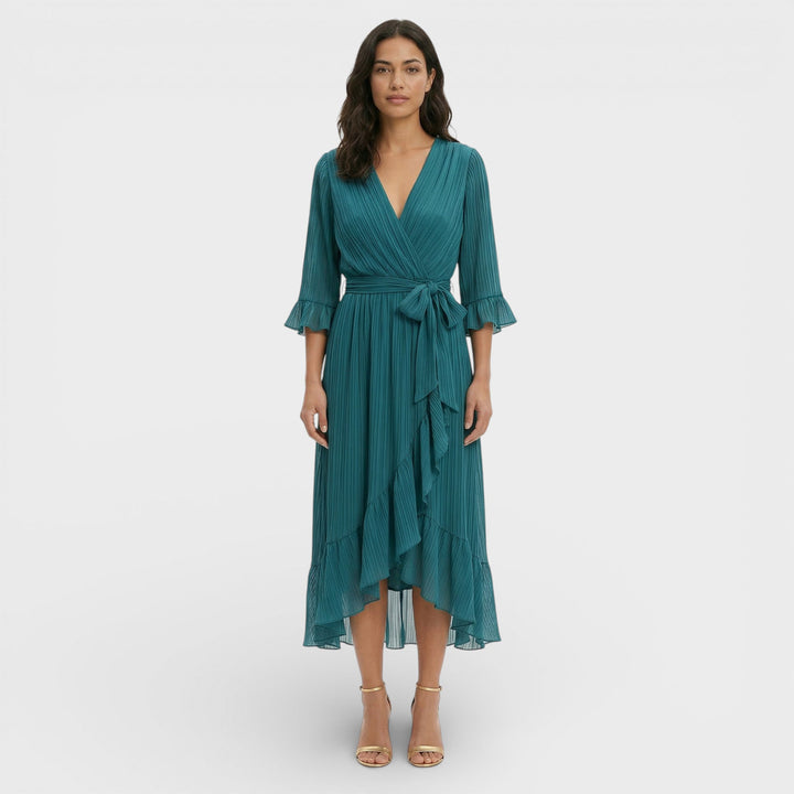 Women's Wrap Midi Dress with V Neck and Tie Waist
