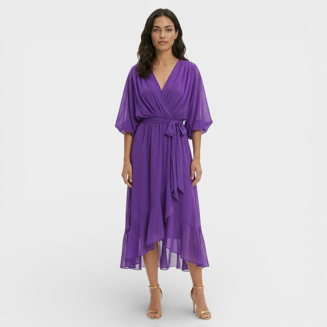 Women's Wrap Midi Dress with V Neck and Tie Waist